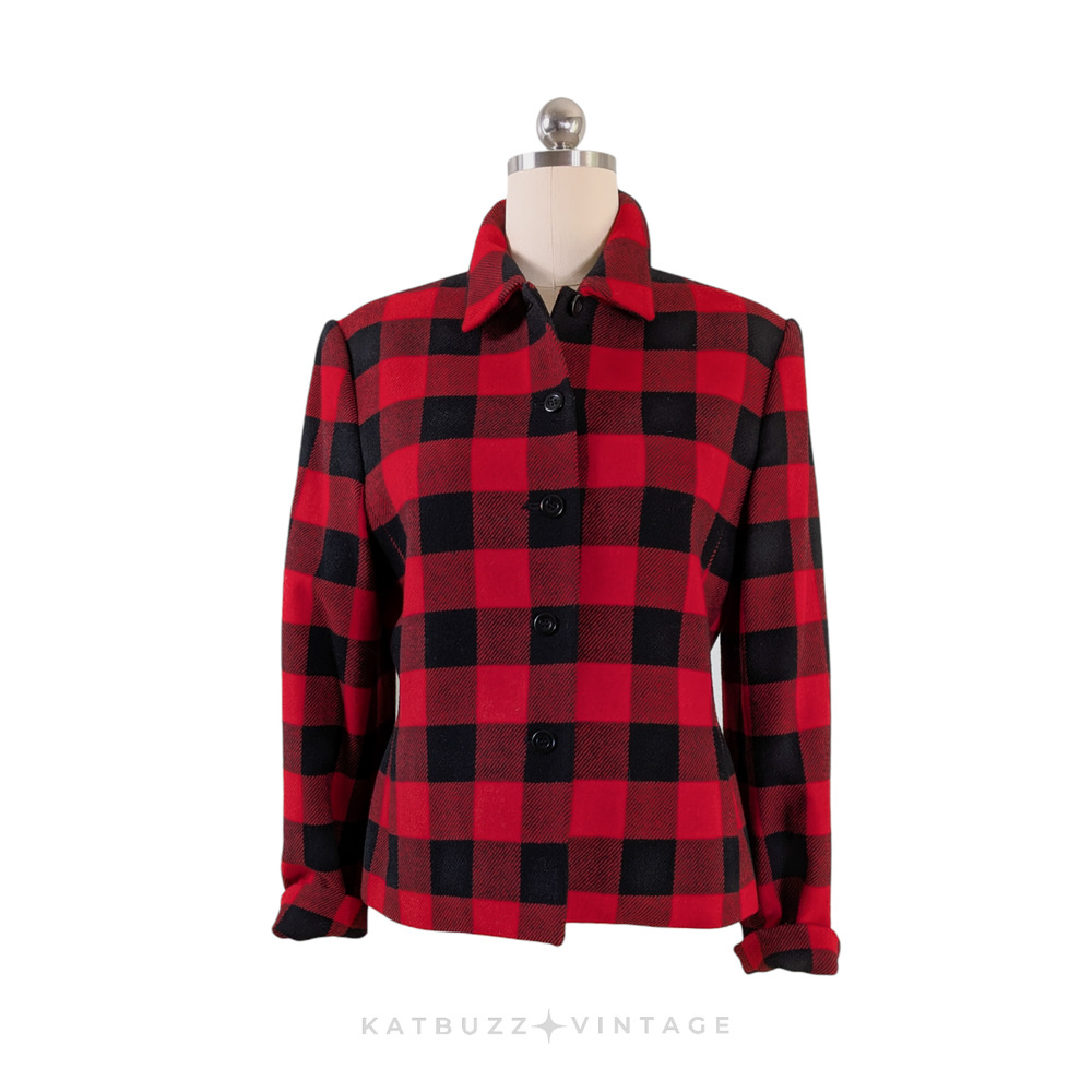 Vintage Buffalo Plaid Wool Blazer 10 Red Black Check 90s Button Work Classic